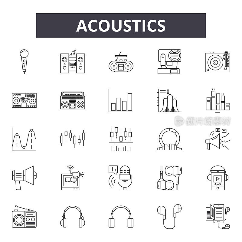 Acoustics line icons, signs set, vector. Acoustics outline concept, illustration: sound,acoustic,audio,music,volume,design